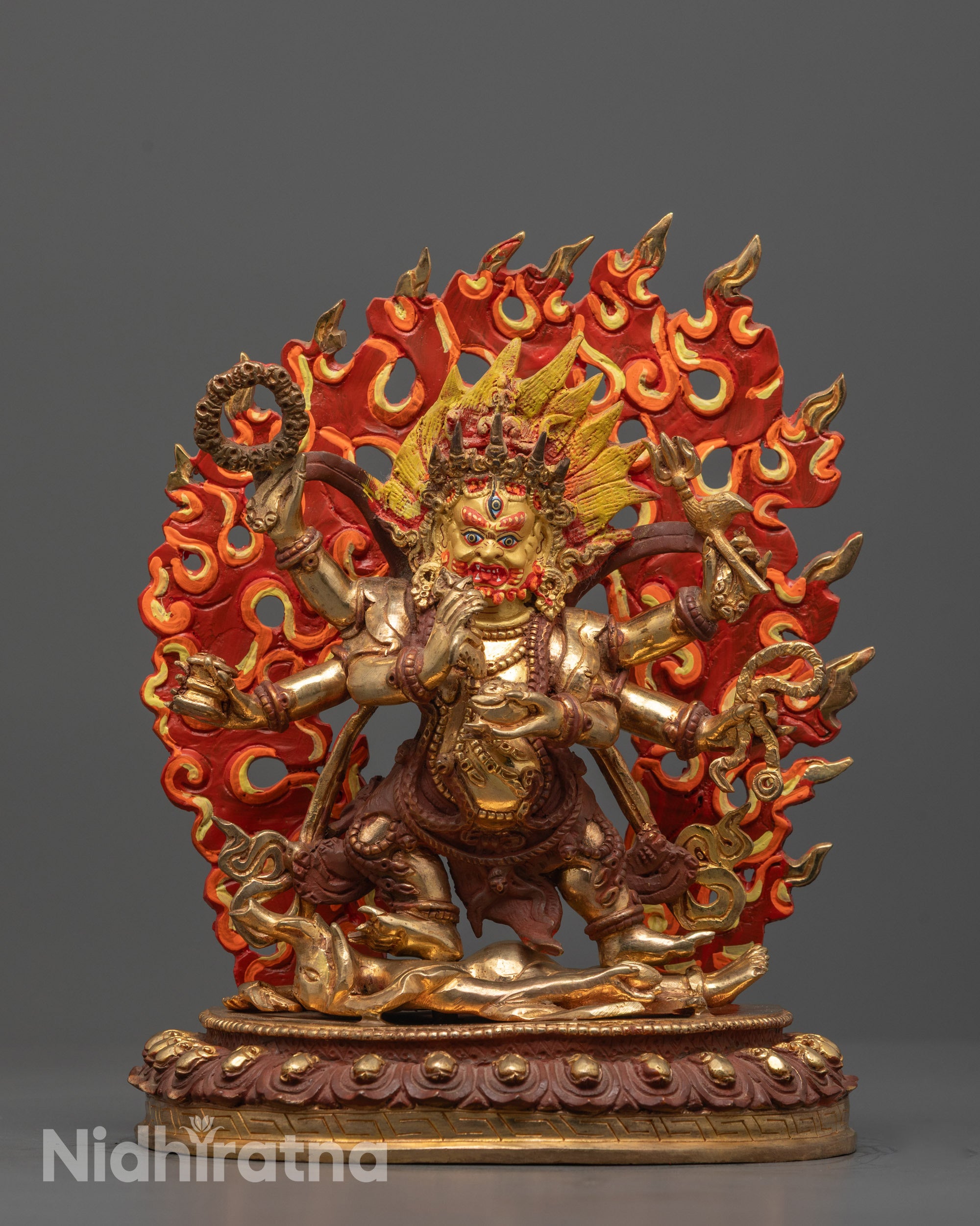 Front View of Six-Armed Mahakala Statue Hand-Carved in Nepal with 24k Gold Gilding