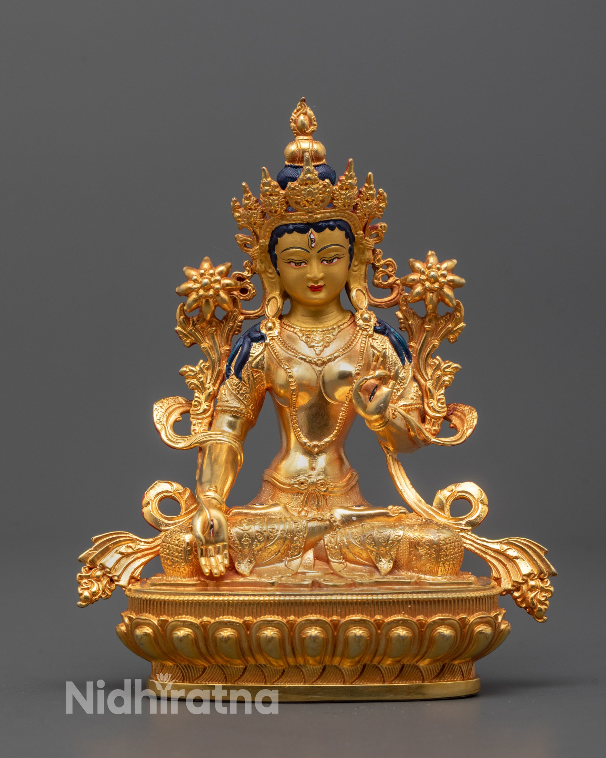 Front View of White Tara Statue | Machine-made White Tara Statue seated on a lotus base