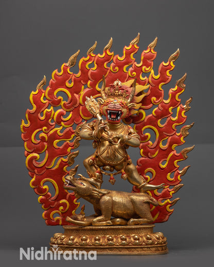Front view of 15-inch Handmade Golden Yamantaka Statue with fiery backdrop, standing on buffalo – Tibetan Buddhist Yidam deity sculpture from Nepal
