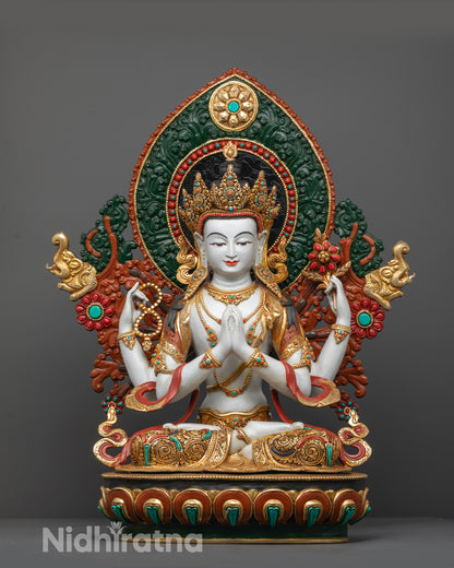 Front angle of Tibetan Chenrezig Statue with gold plating and lotus base details

