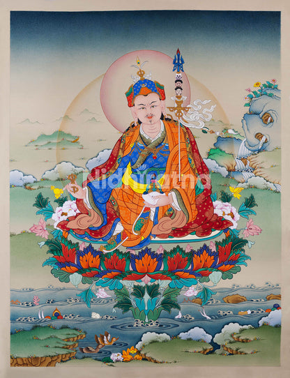 Front close-up of Guru Rinpoche’s calm face with lotus crown in detailed Thangka print
