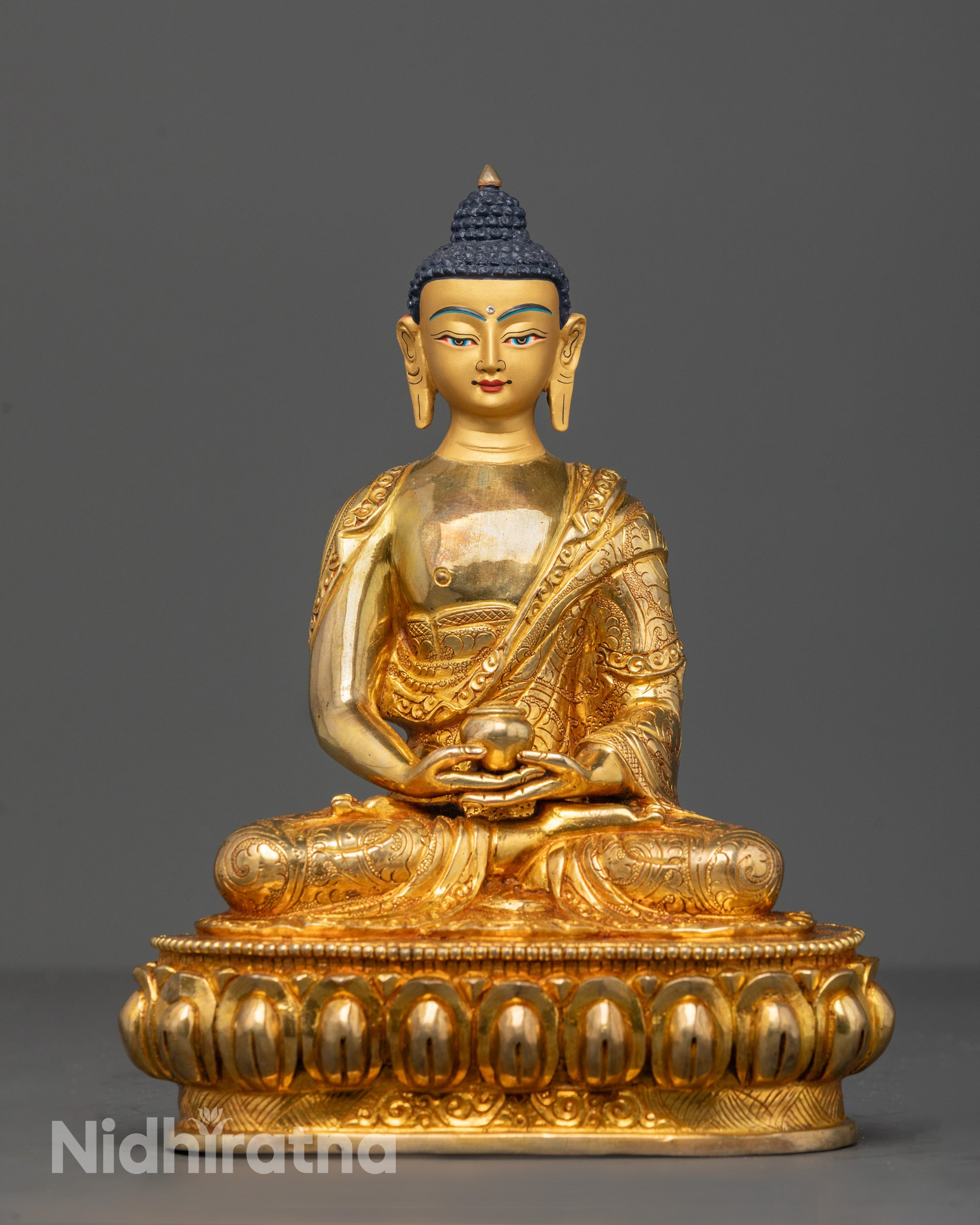 Front image of Hand-carved Amitabha Buddha Statue seated on a lotus base