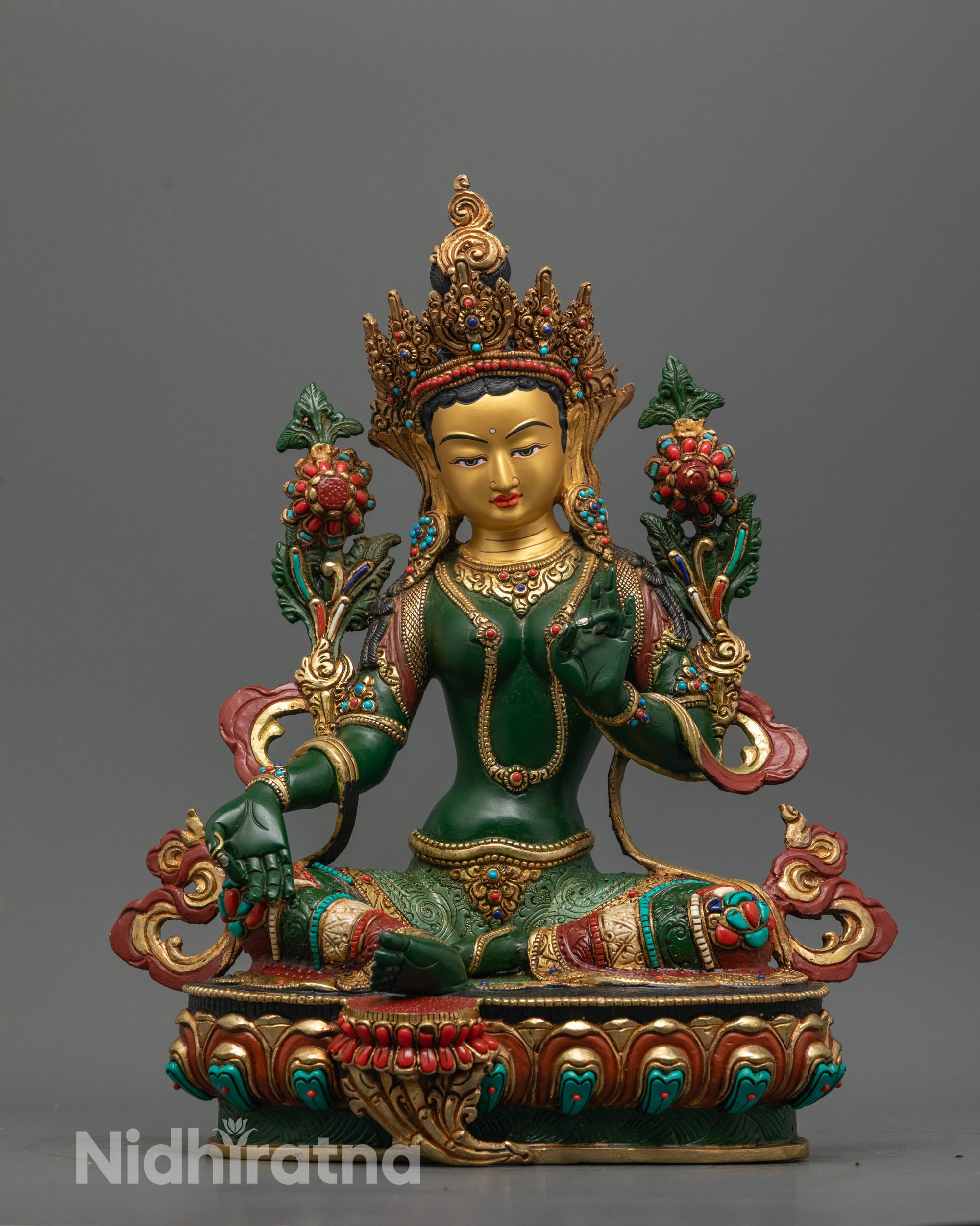 Front image of Hand-carved Green Tara Statue with 24k gold-gilded face