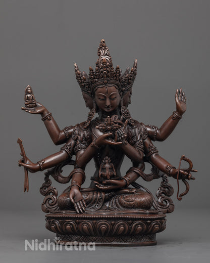 Front image of Hand-carved Namgyalma Sculpture in oxidized copper, seated on a lotus base