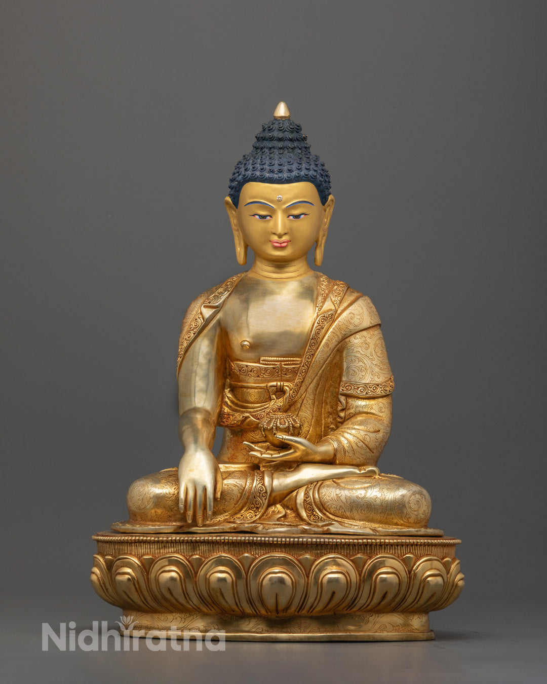 Front image of Hand-carved Shakyamuni Buddha statue with 24k gold gilding