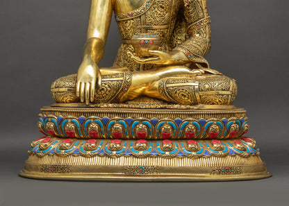 Front lower landscape Buddha Shakyamuni Statue sitting on a lotus seat adorned with semi-precious stones