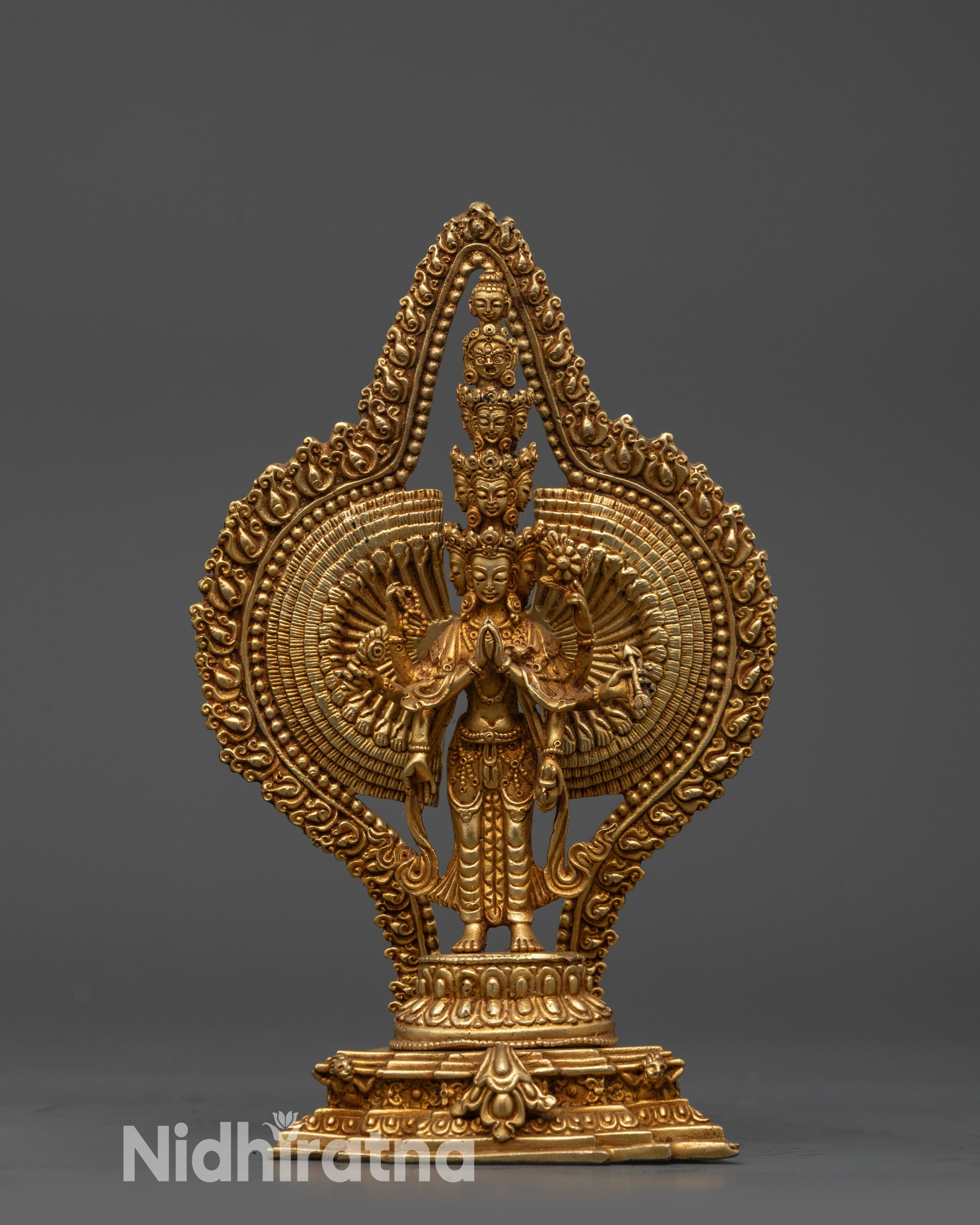 Front view 1000-Arm Chenrezig Statue gold-gilded Avalokiteshvara on lotus seat