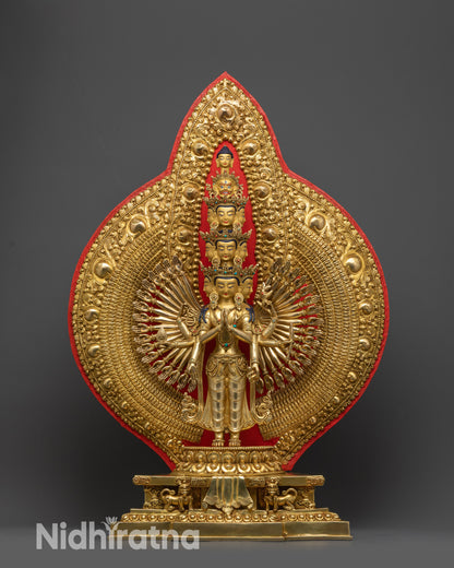 Front view 1000-Armed Chenrezig Statue with lotus seat and gold-gilded body

