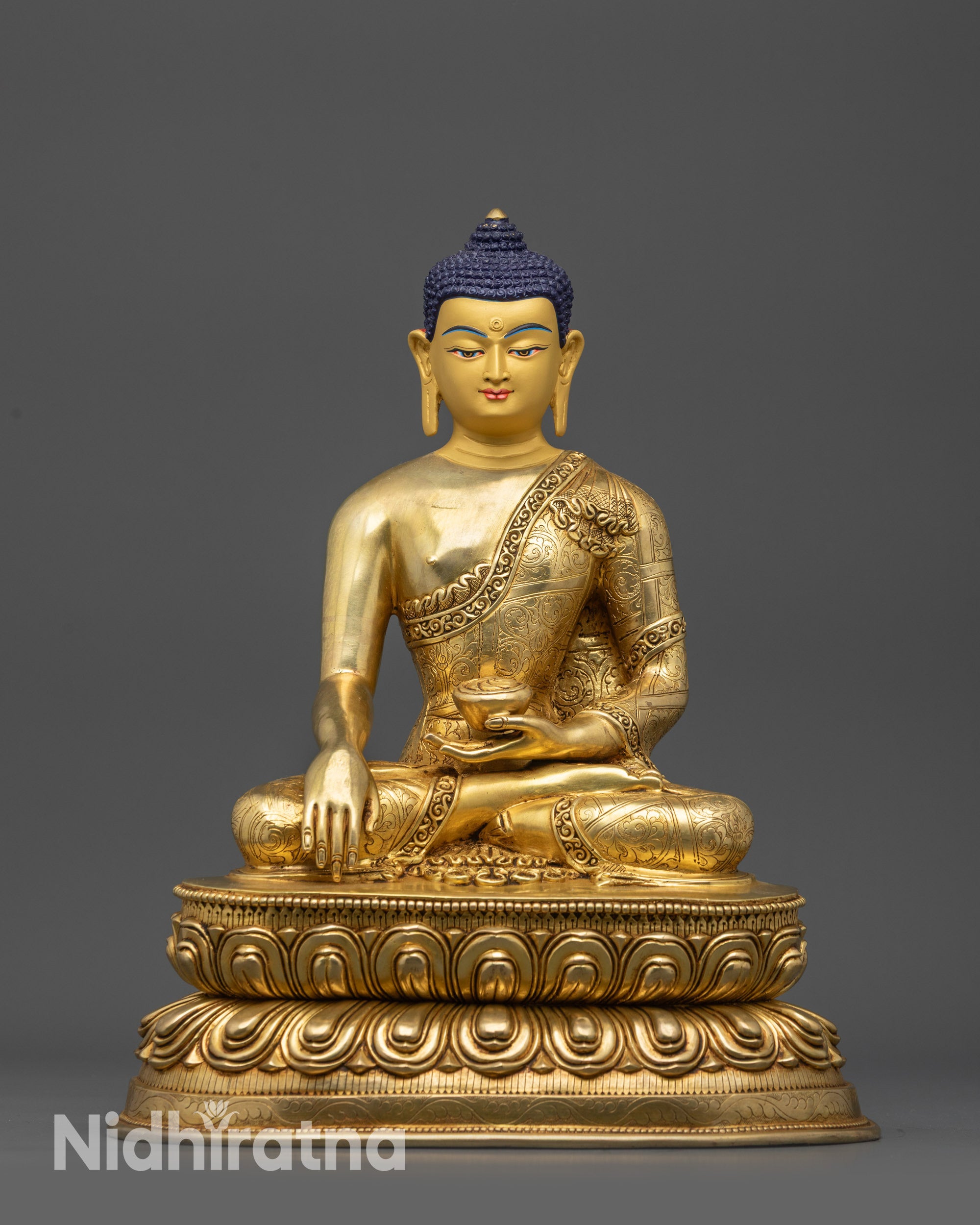 Front view 11-inch Meditating Shakyamuni Buddha Statue with lotus seat and floral robe