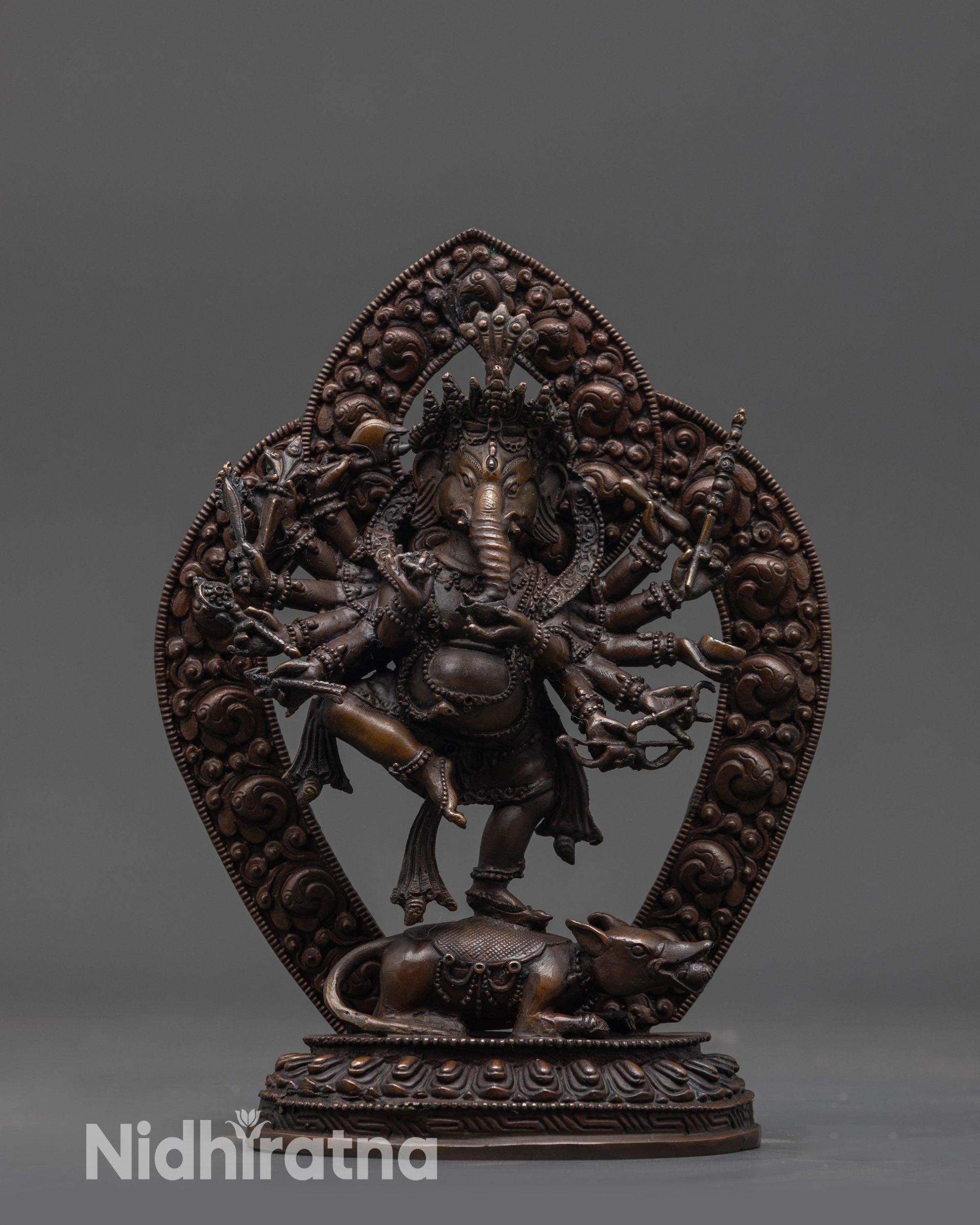 Front view 12 Armed Oxidized Ganesha Statue with lotus seat and majestic halo