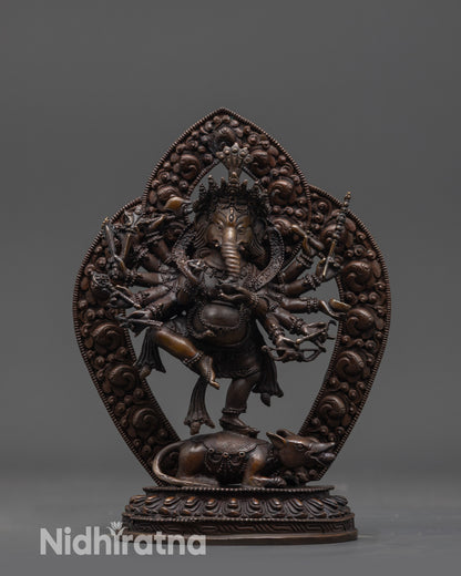 Front view 12 Armed Oxidized Ganesha Statue with lotus seat and majestic halo