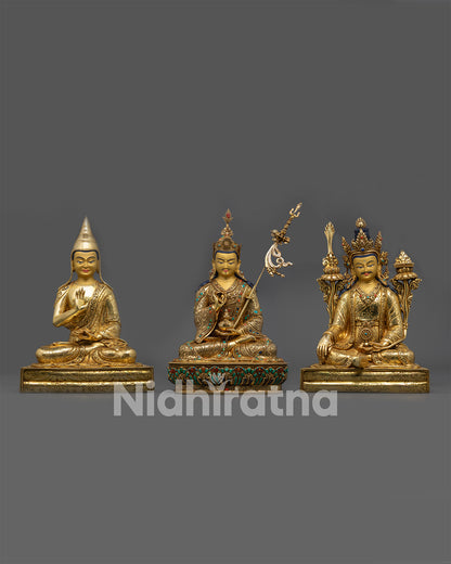 Front view 12" Guru Tsokye Dorje Set gold fire-gilded sculpture with Santaraksita & Trisong