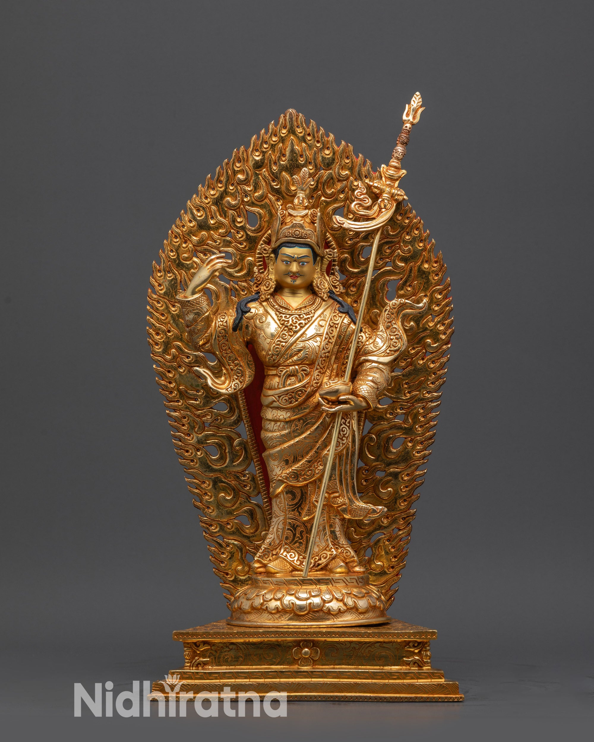 Front view 13" Golden Standing Guru Rinpoche on lotus throne with flaming halo

