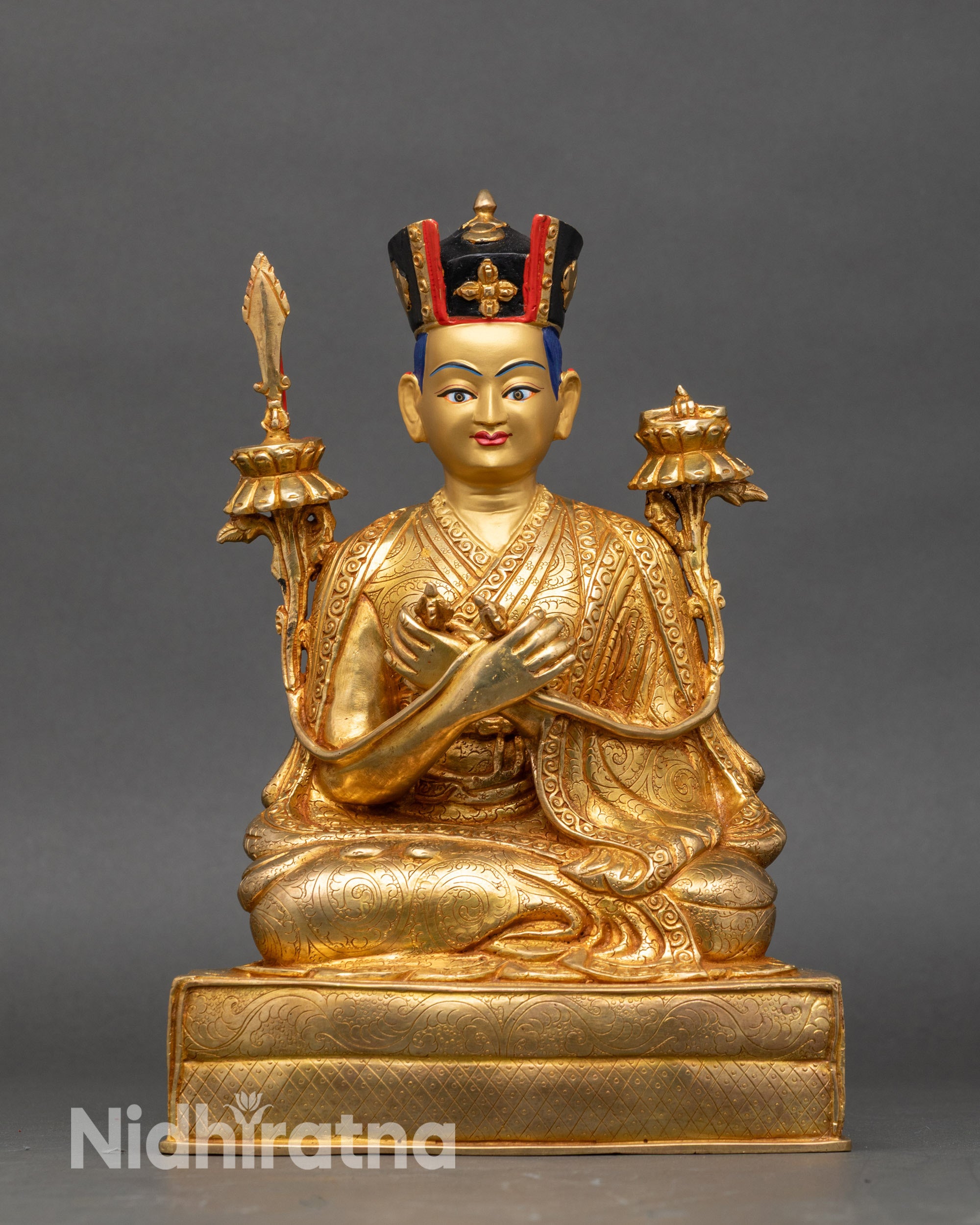 Front view 16th Karmapa statue copper with gold-painted face and Black Crown