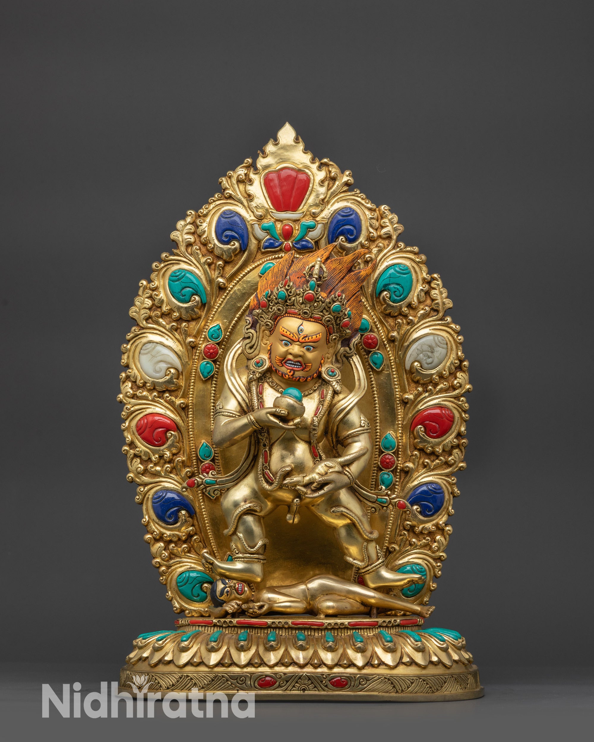 Front view 24K Gold-Gilded Black Dzambhala Statue with wrathflame halo and lotus base