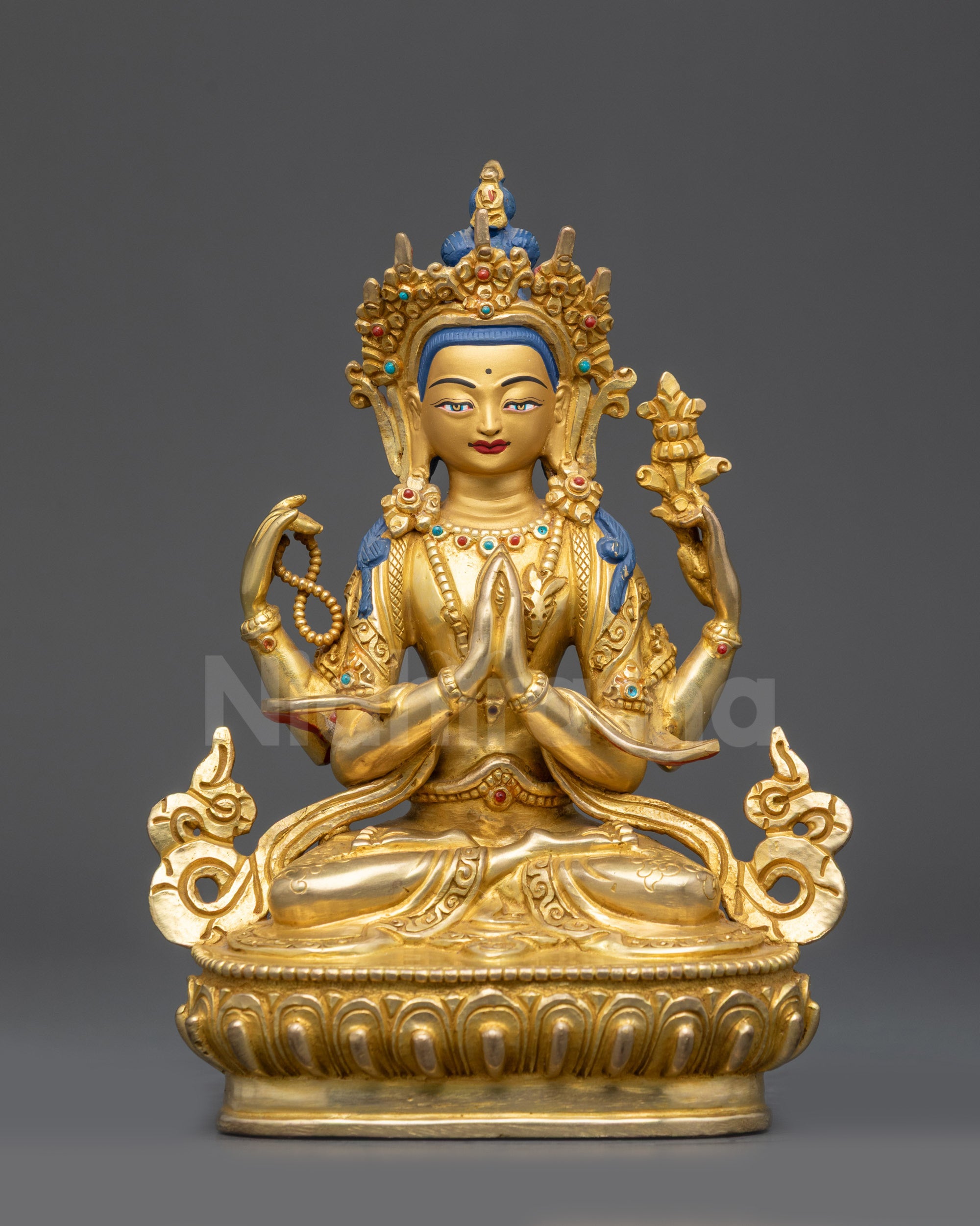 Front view 24K Gold-Gilded Chenrezig Statue on lotus seat with gold fire-gilded base
