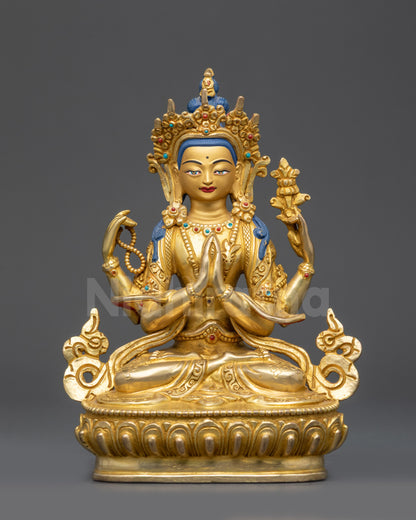 Front view 24K Gold-Gilded Chenrezig Statue on lotus seat with gold fire-gilded base