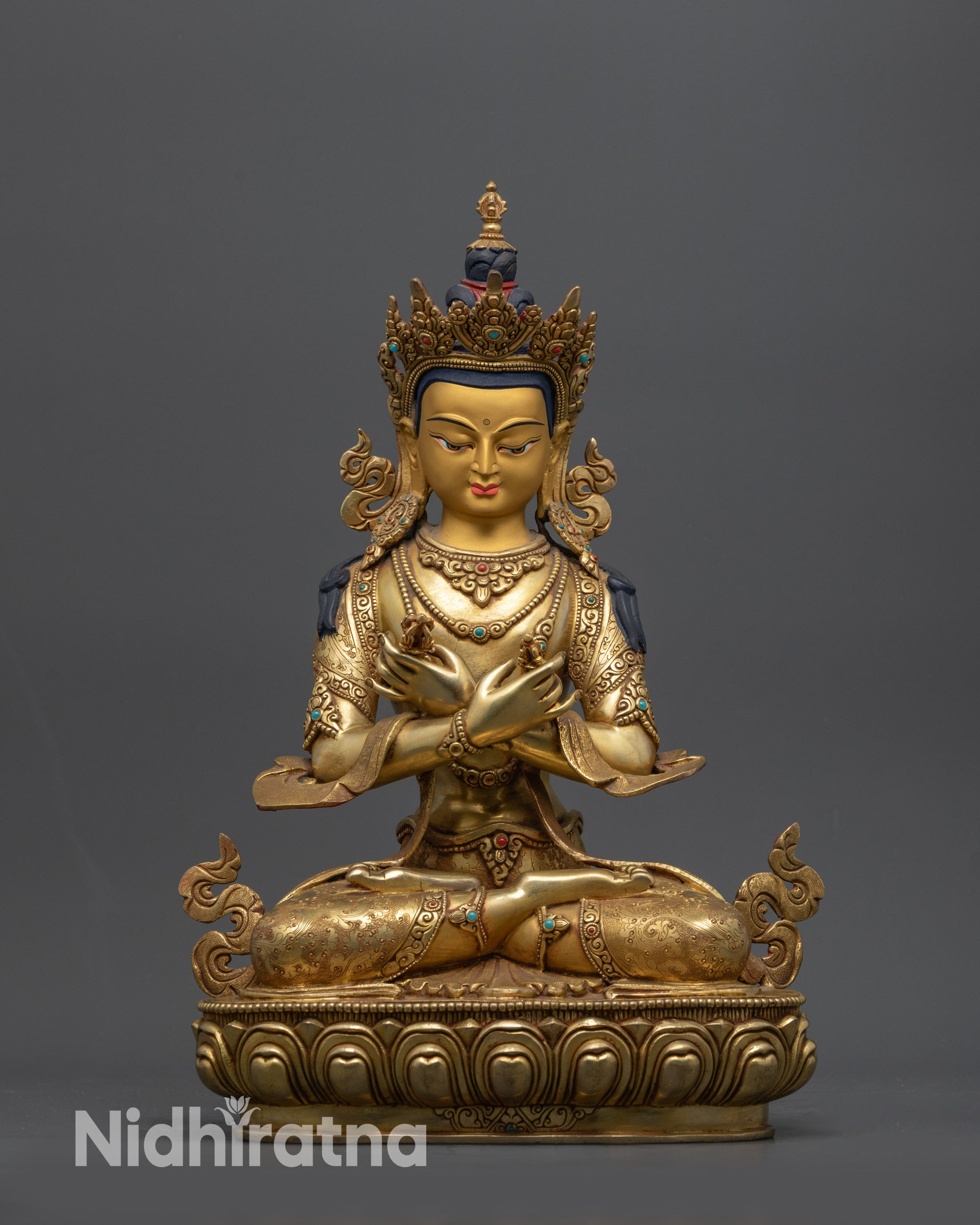 Front view 24K Gold-Gilded Vajradhara Statue with Five-Jeweled Crown on lotus seat
