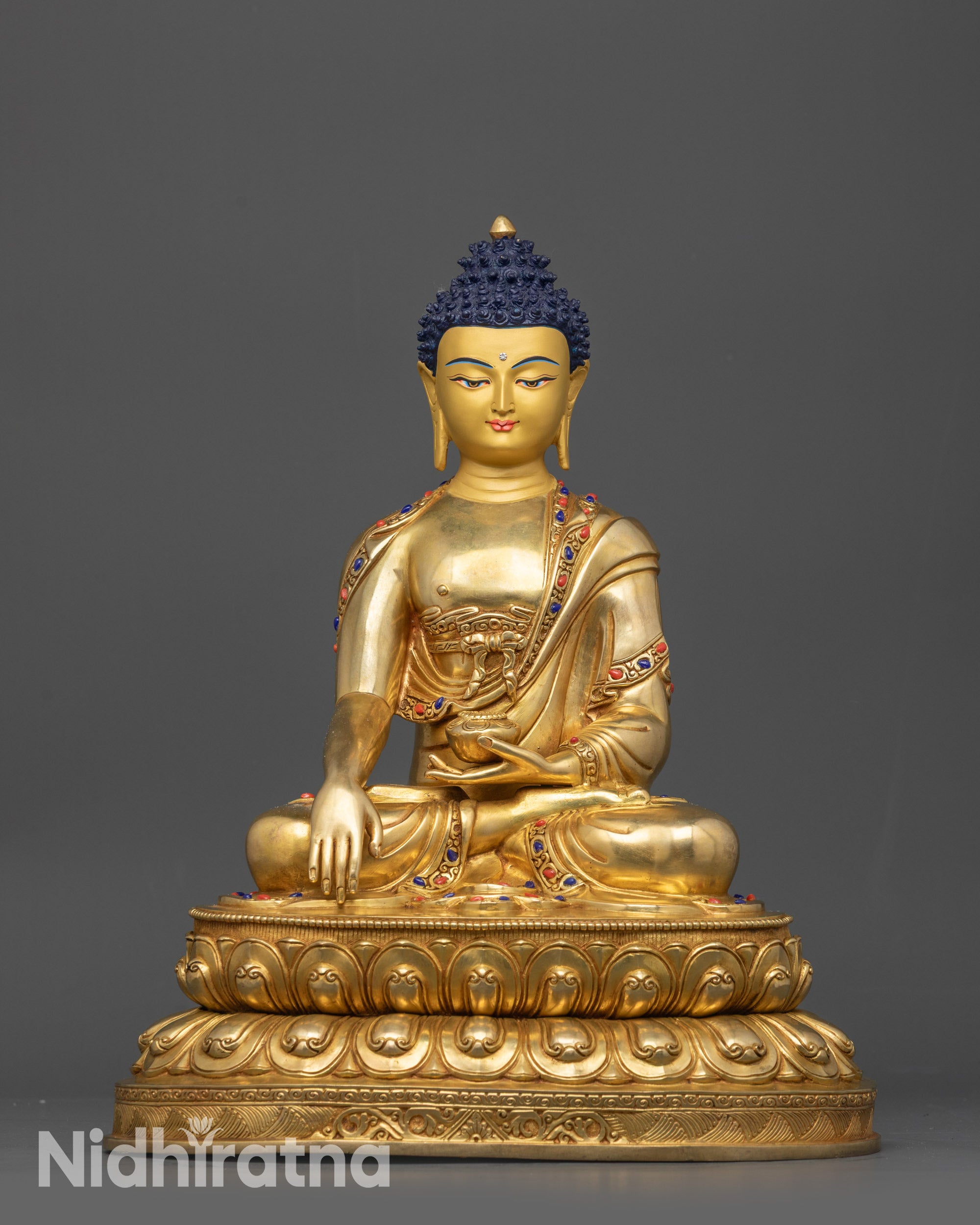 Front view 24K Gold Gilded Shakyamuni Buddha statue on double-layered lotus seat