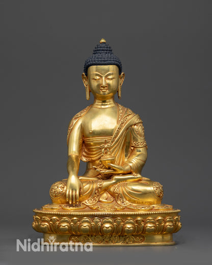 Front view 24K gold-gilded Shakyamuni Buddha statue on lotus seat with patra bowl.
