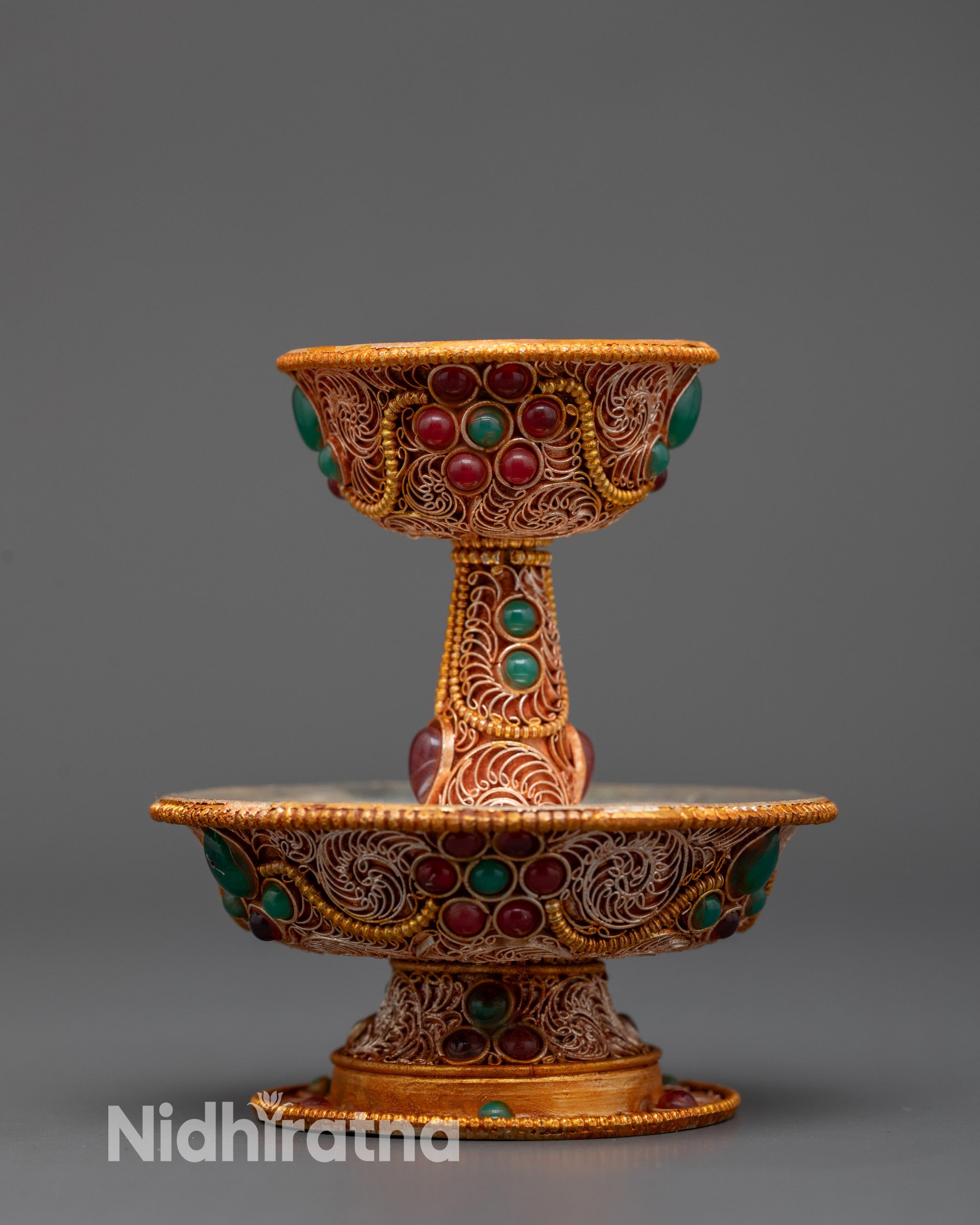 Front view 3-inch Tibetan Serkyem Offering Bowl with copper base and gold-plated filigree