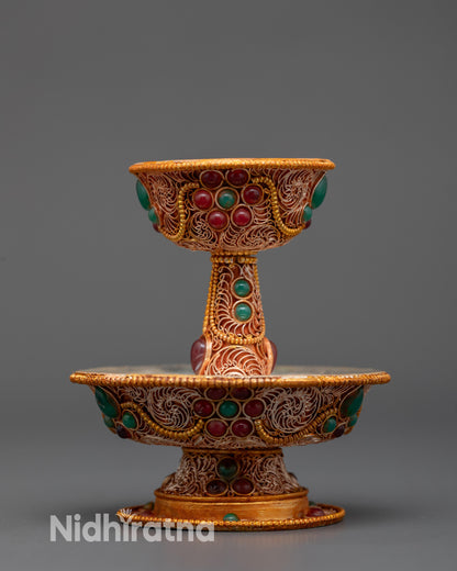 Front view 3-inch Tibetan Serkyem Offering Bowl with copper base and gold-plated filigree