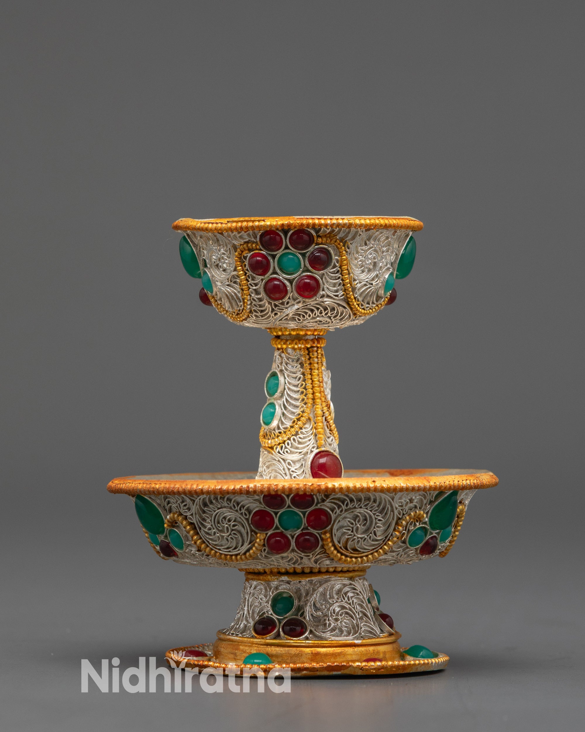 Front view 3-inch Tibetan Serkyem Offering Bowl with silver-gold filigree and gemstones
