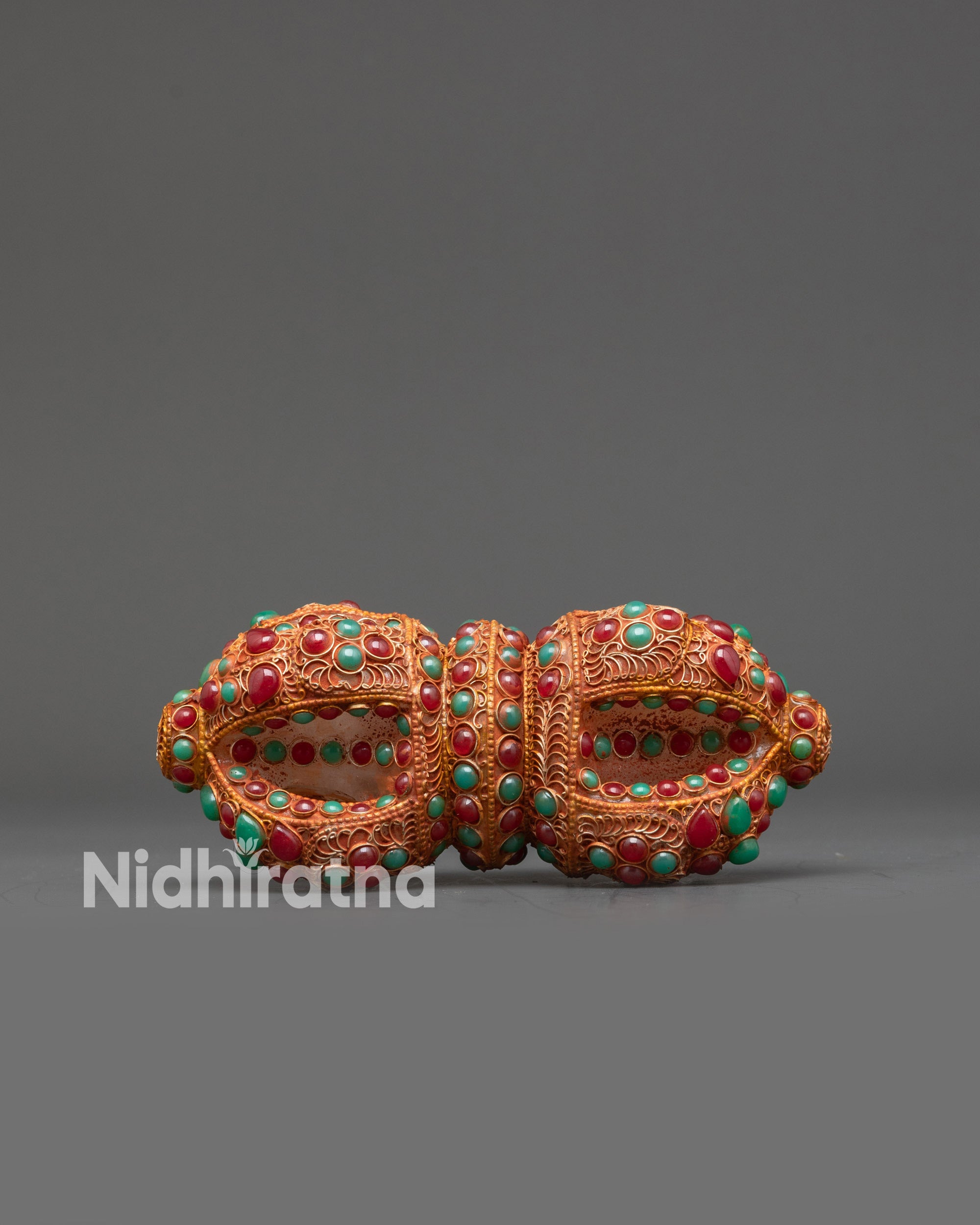 Front view 3" Tibetan Dorje with crystal core and semi-precious stones