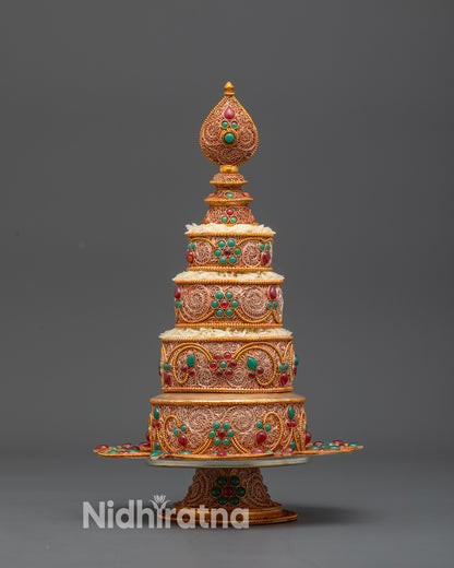 Front view 4-inch Ratna Mandala Offering Set with gold filigree and semi-precious stones