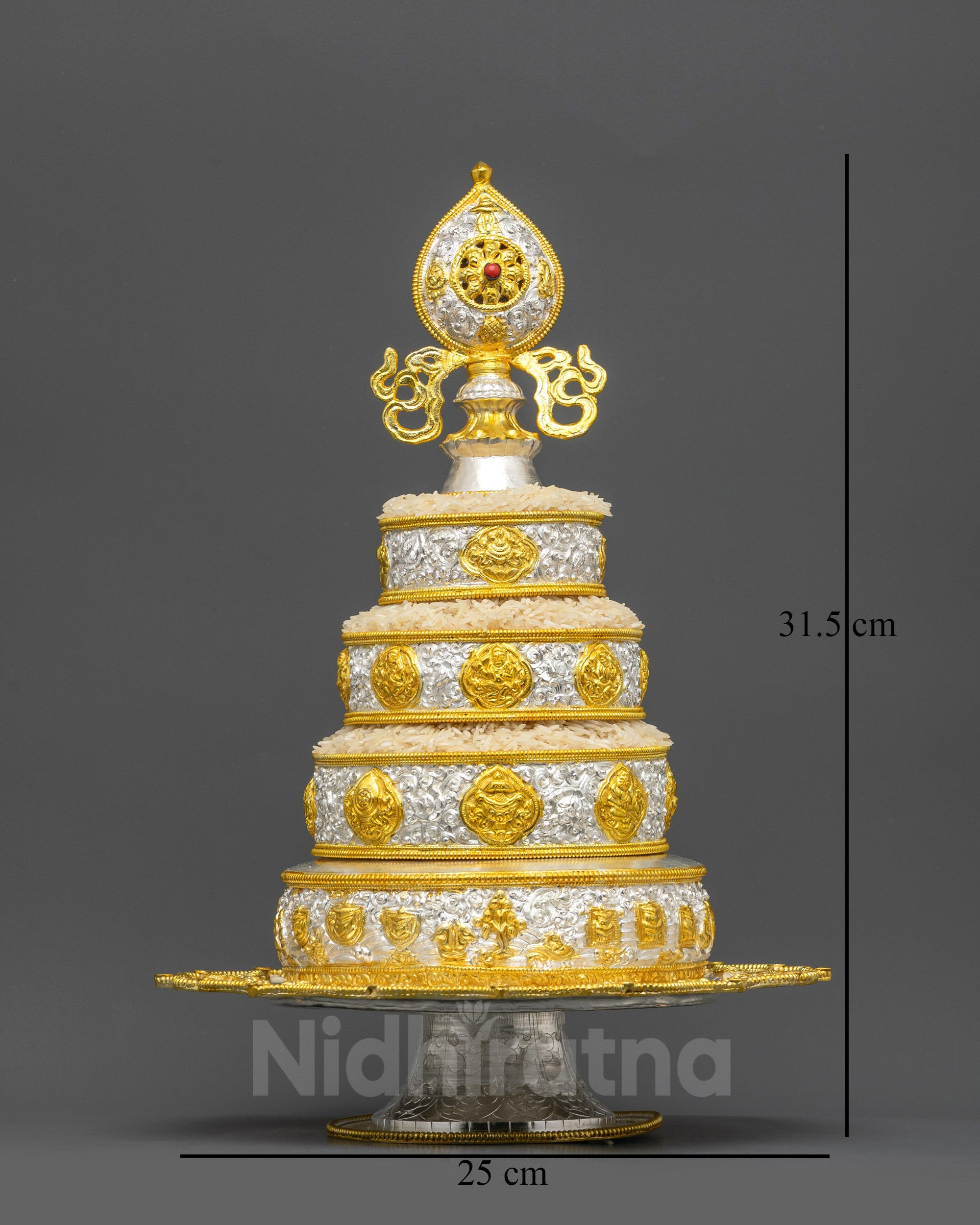 Front view 6-inch Tibetan Mandala offering set with gold-plated auspicious symbols