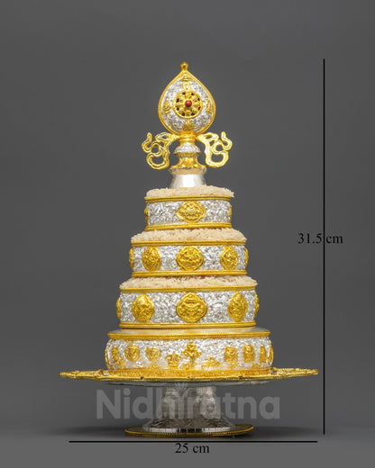 Front view 6-inch Tibetan Mandala offering set with gold-plated auspicious symbols