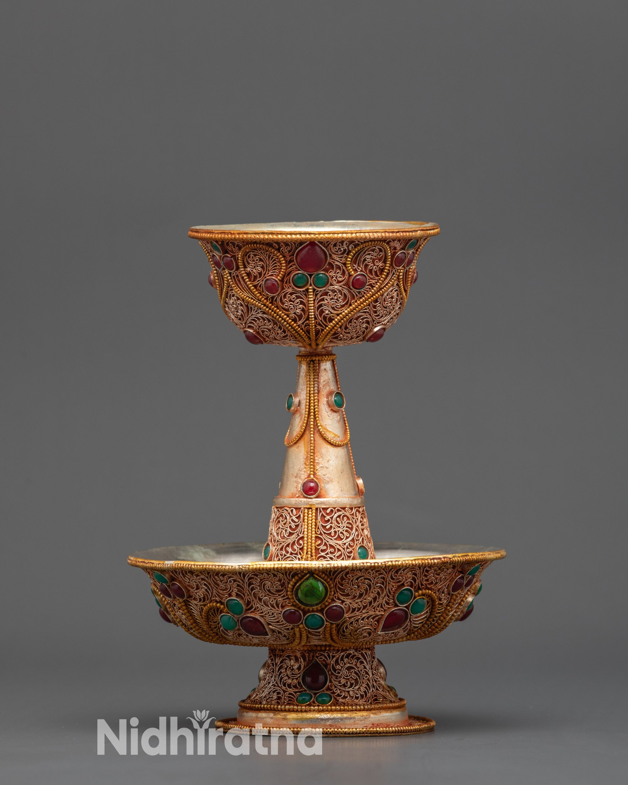 Front view 6-inch Tibetan Serkyem Offering Bowl with copper and gold-plated filigree work