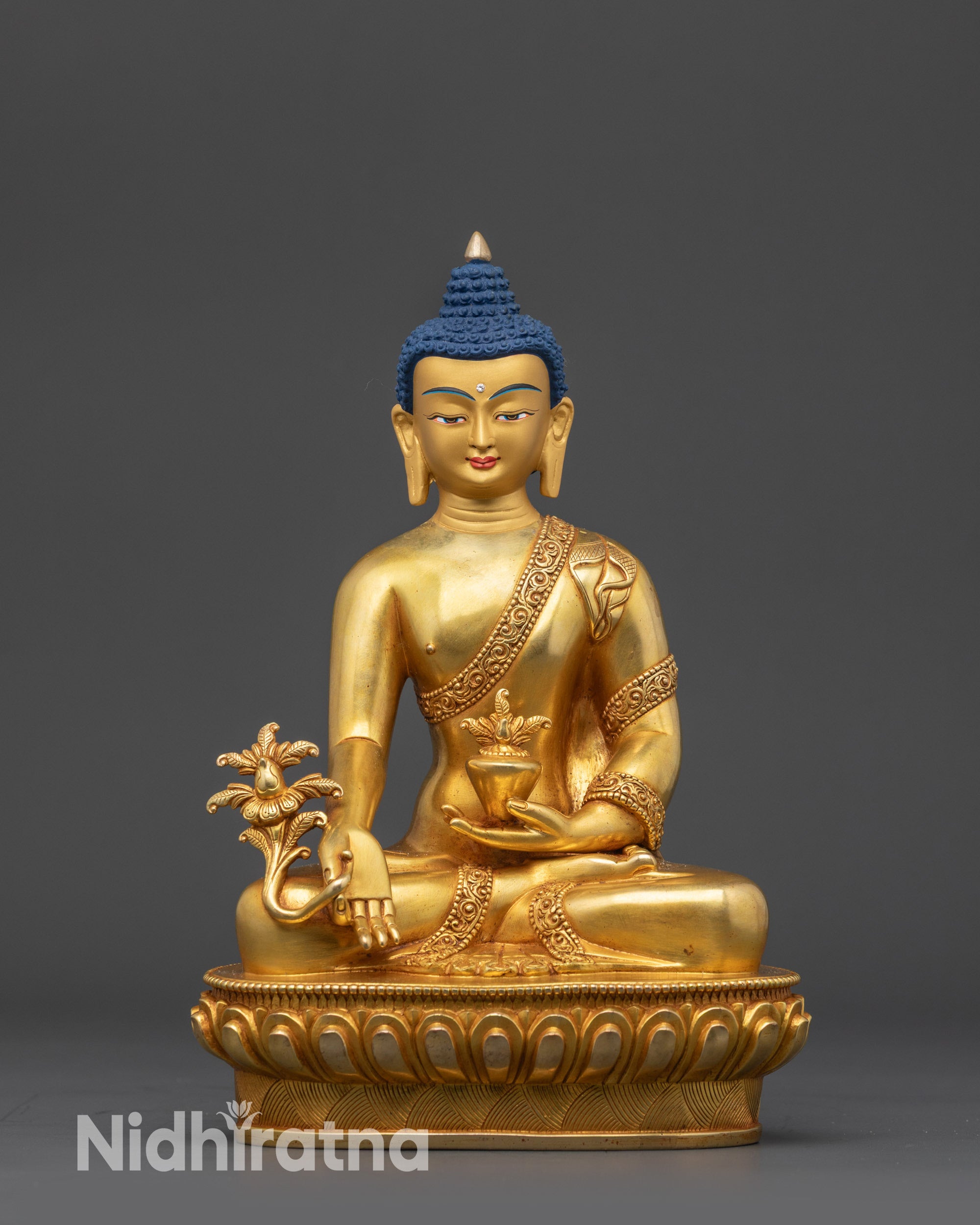 Front view 8-inch Medicine Buddha Statue with gold-gilded face on lotus seat