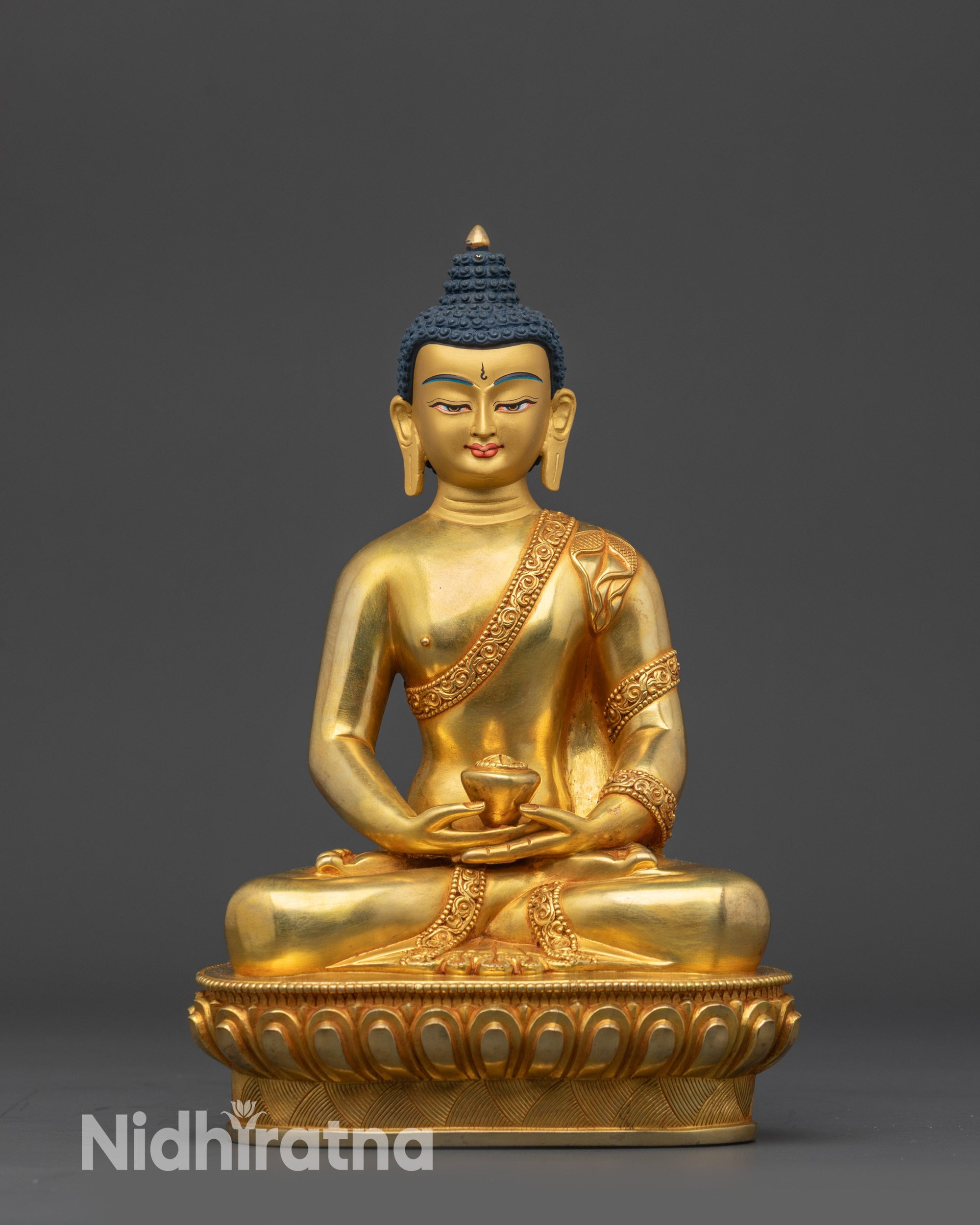 Front view 8" Amitabha Buddha statue seated lotus pose, gold-gilded Himalayan art from Nepal
