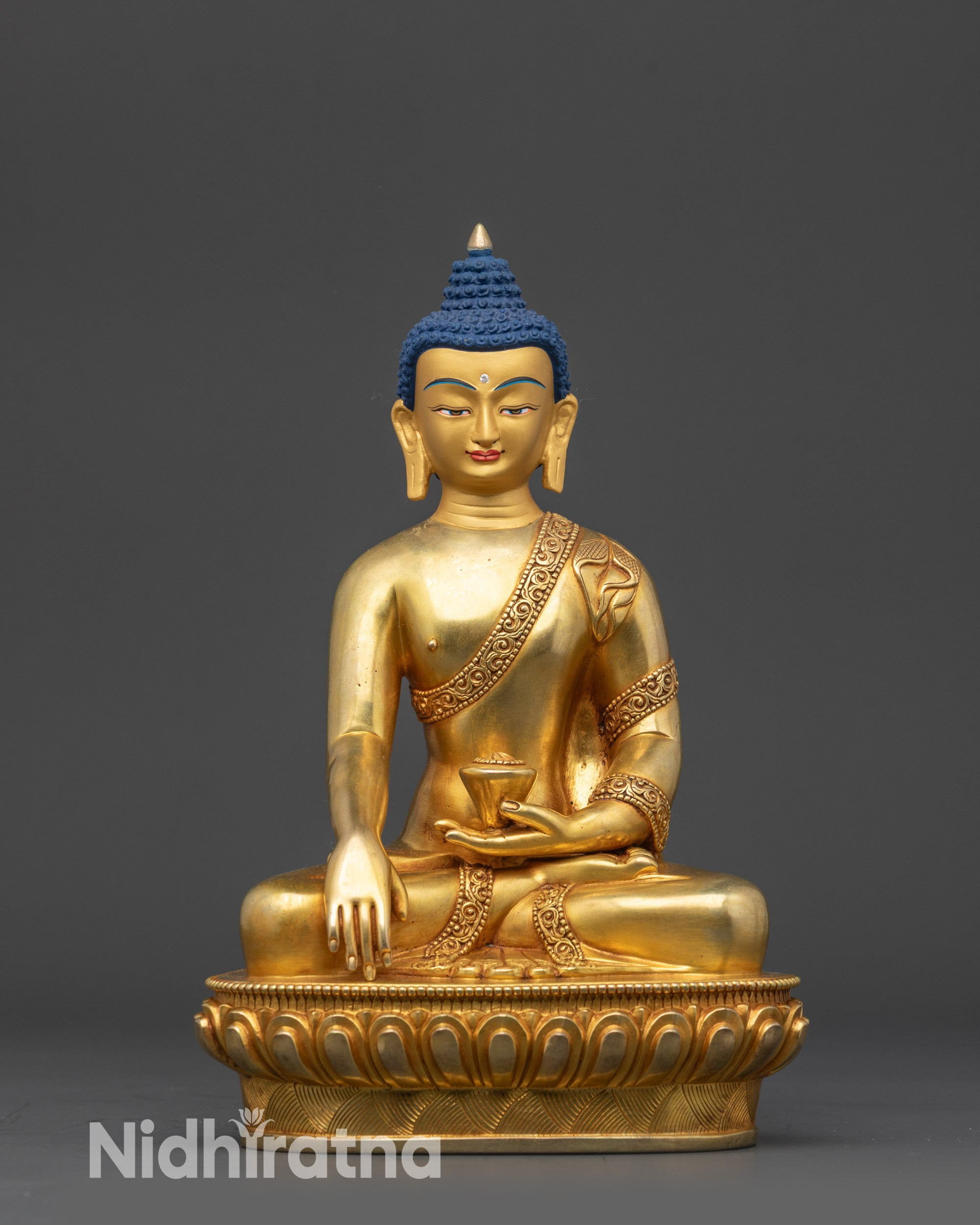 Front view 8" Shakyamuni Buddha statue seated lotus pose, traditional Himalayan art