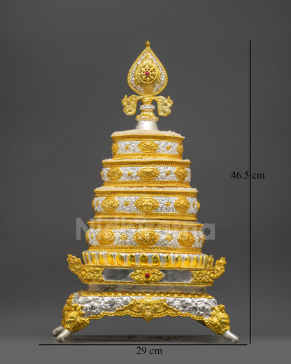 Front view 8" Tibetan Mandala Set on four-sided elevated base with gold & silver plating