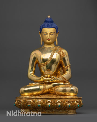 Front view Amida Nyorai Buddha statue with gold-gilded face and lotus seat details