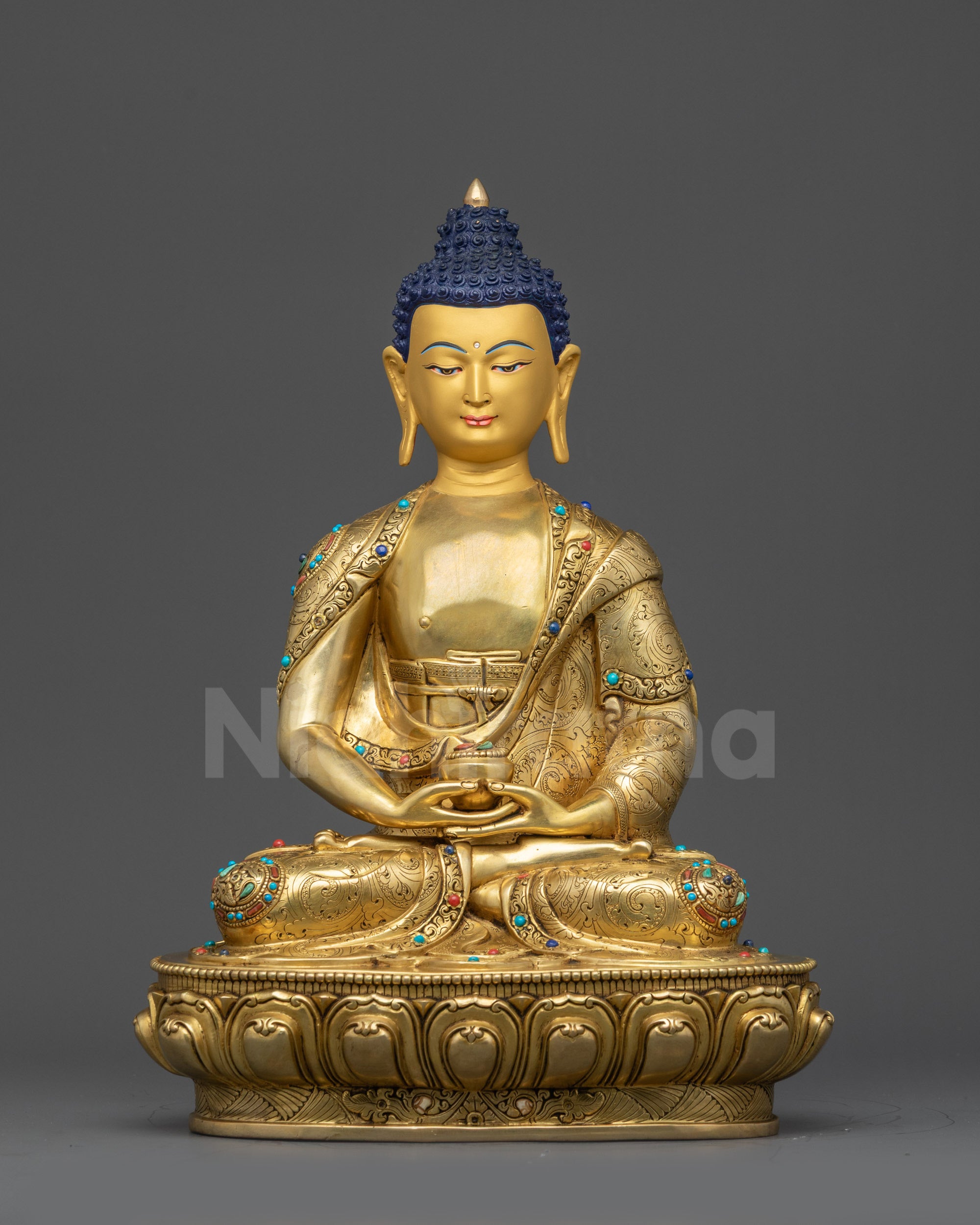 Front view Amitabha Buddha 24k gold-gilded copper statue on lotus throne