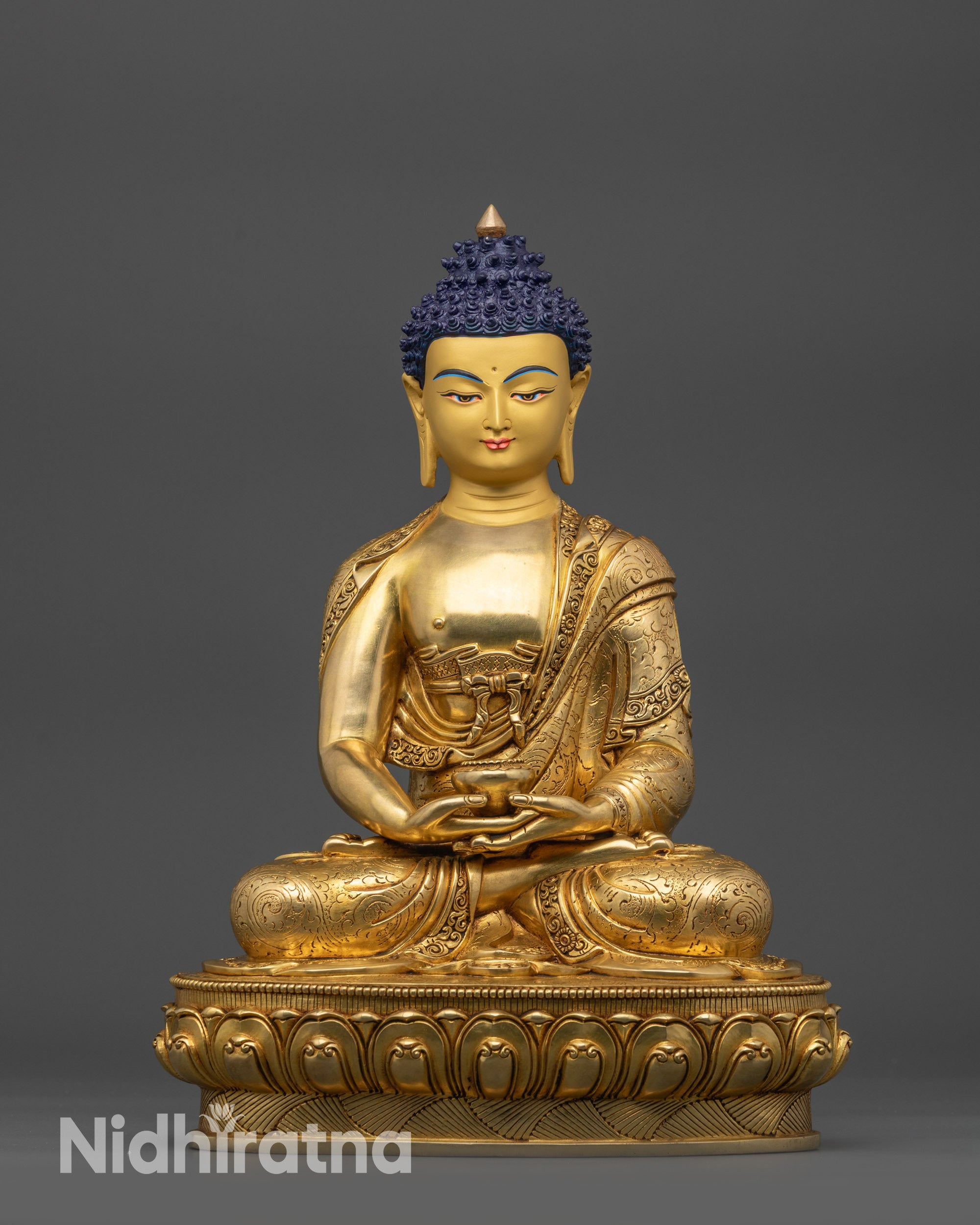 Front view Amitabha Buddha Statue gold-gilded meditation sculpture from Nepal