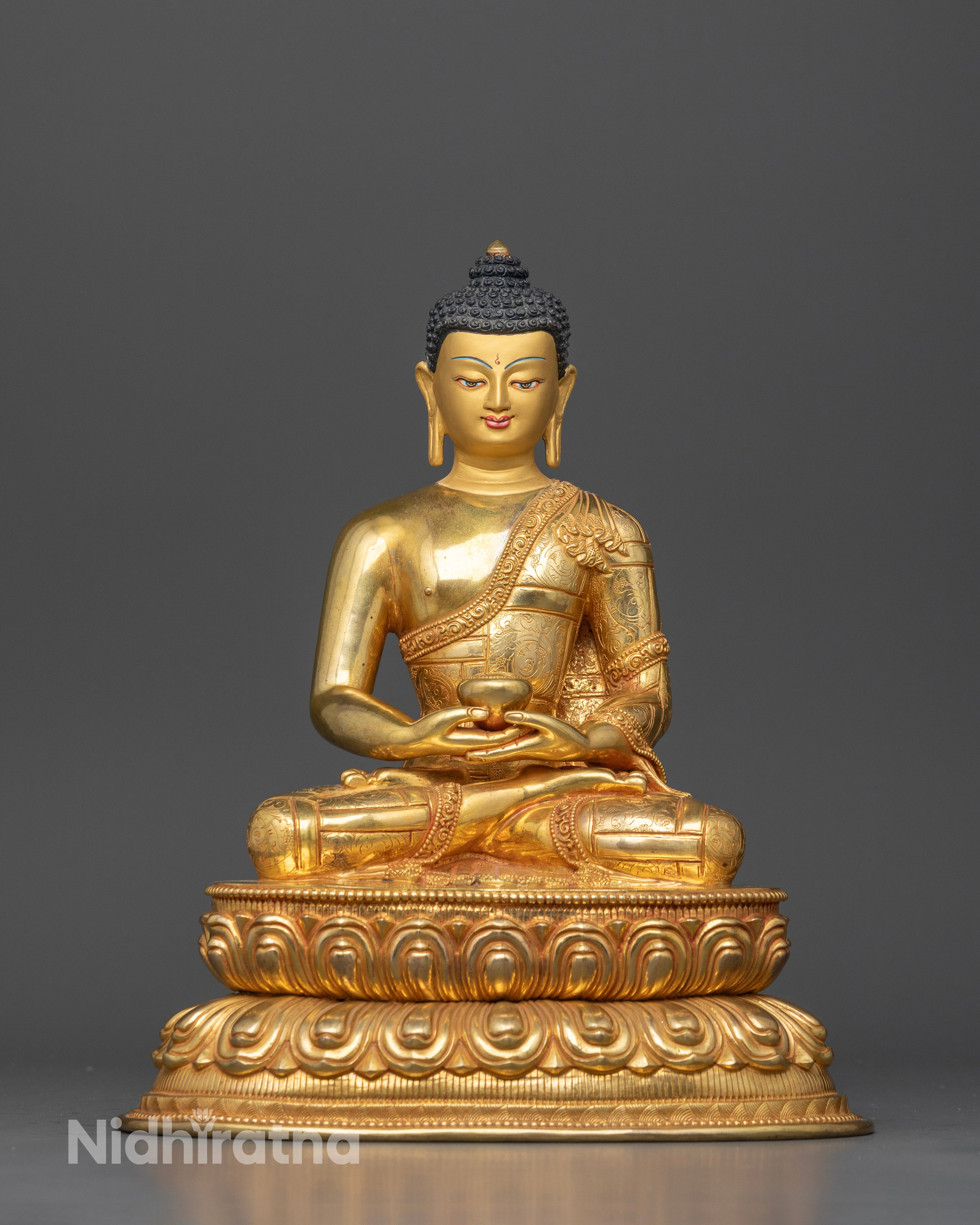 Front view Amitabha Buddha statue 24K gold gilded double lotus Pure Land meditation