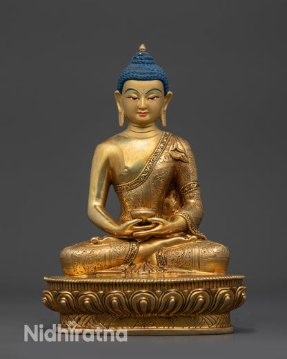 Front view Amitabha Buddha statue gold-gilded copper for meditation altar
