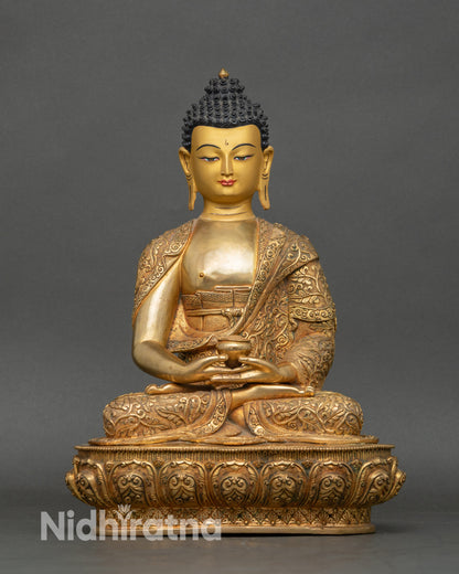 Front view Amitabha Buddha statue, handcrafted Nepalese copper, gold-painted face, meditation