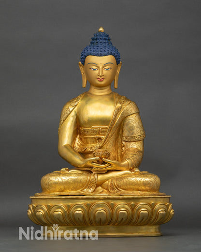 Front view Amitabha Buddha statue, handcrafted Newari copper with gold-gilded face