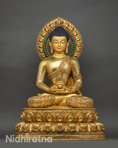 Front view Amitabha Buddha statue with gold fire-gilded finish and double lotus seat
