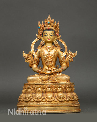 Front view Amitayus Bodhisattva statue gold-gilded copper seated on double lotus throne