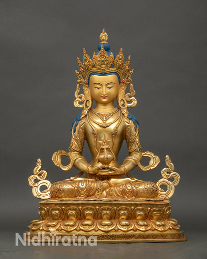 Front view Amitayus Bodhisattva statue gold-gilded copper with lotus throne and medicinal vase