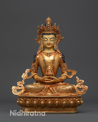 Front view Amitayus Buddha statue on lotus pedestal with gold-gilded face
