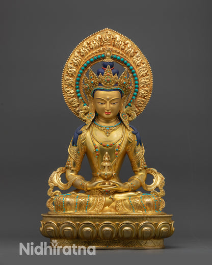 Front view Amitayus Buddha statue on lotus pedestal with gold fire-gilded base
