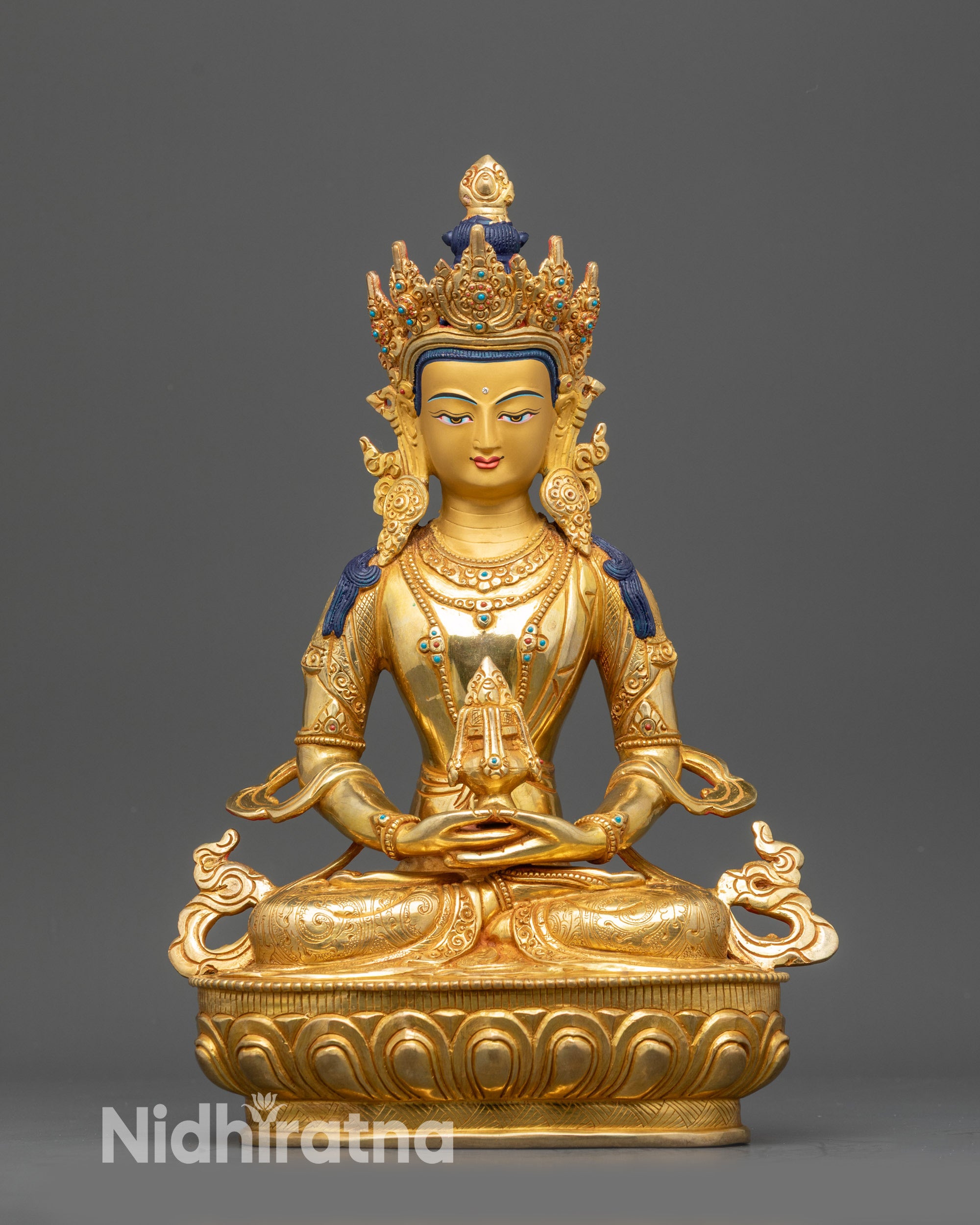 Front view Amitayus Figurine copper alloy statue with gold fire-gilded surface and long-life vase
