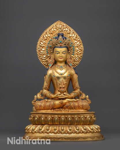 Front view Amitayus Meditation Statue with gold-gilded face and lotus pedestal